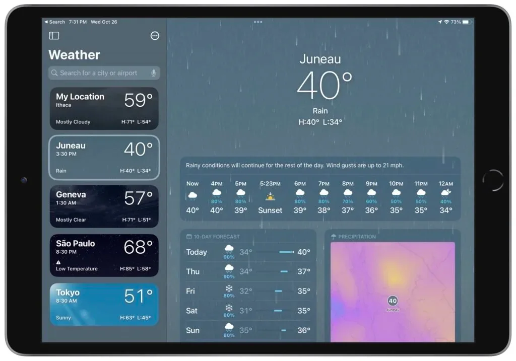 The Weather app showing a forecast for Juneau on an iPad