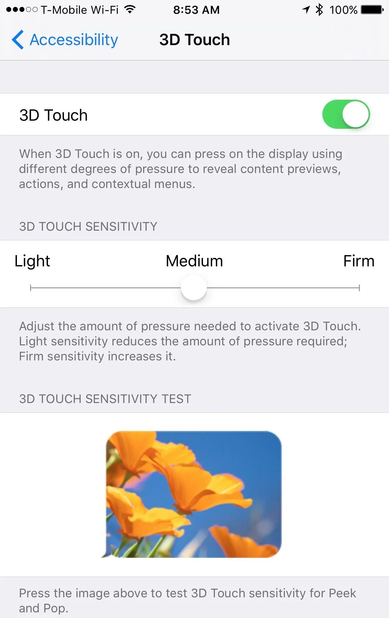 iPhone 3D Touch settings with the sensitivity control visible