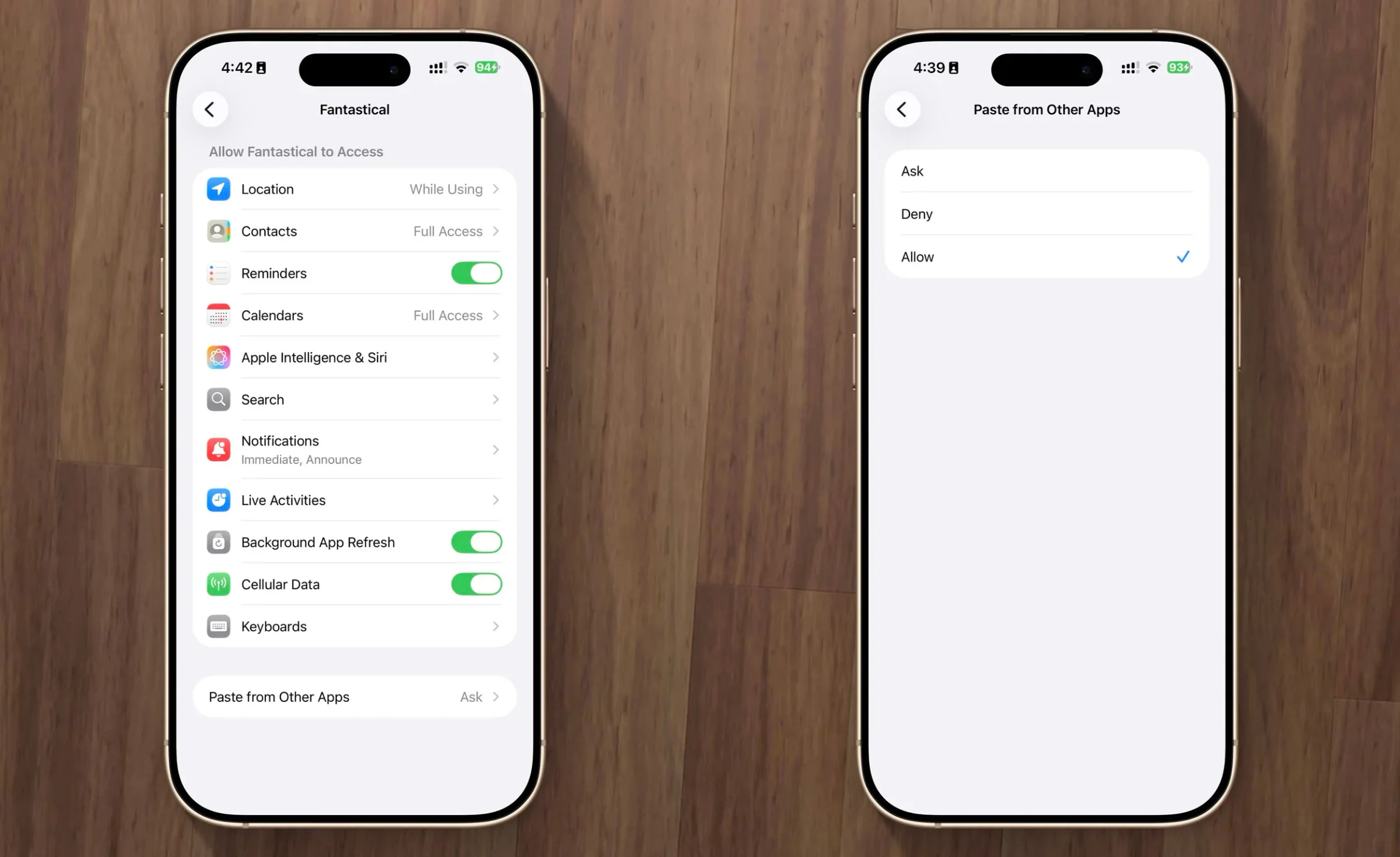 Two iPhone screenshots showing the location of the setting to Paste from Other Apps