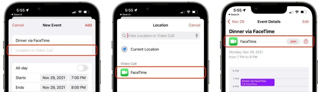 Three iPhone screens showing a FaceTime link added to a Calendar event