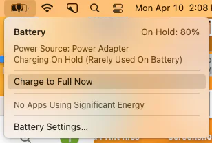 Mac battery menu showing Charging On Hold and the Charge to Full Now command