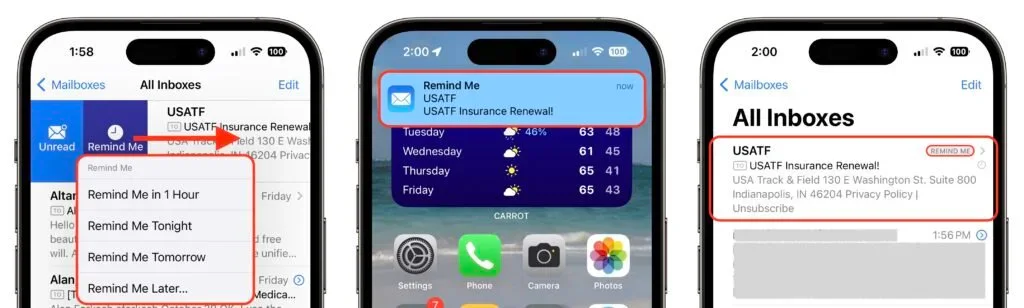 Apple device screenshot showing < Mailboxes Unread Remind Me