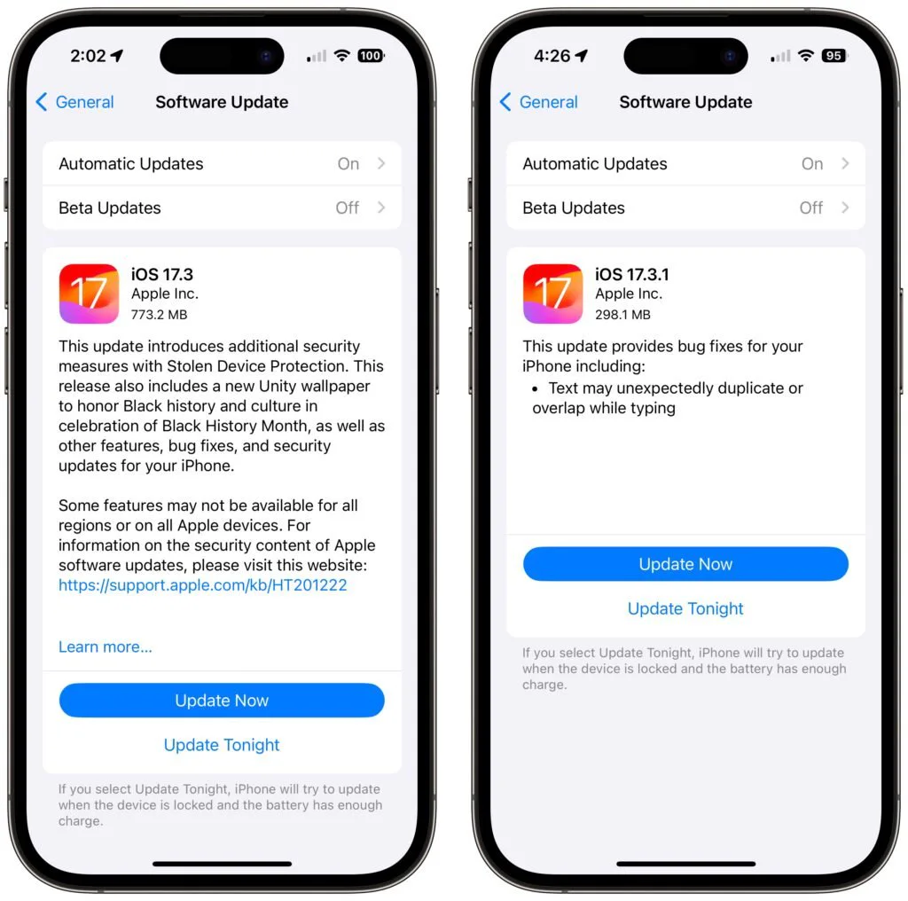 Two iPhone Software Update screens showing available iOS updates