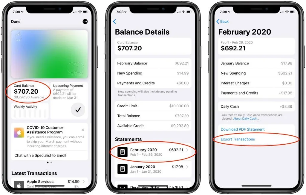 Three iPhone Apple Card screens showing balance details, statements, and the Export Transactions command