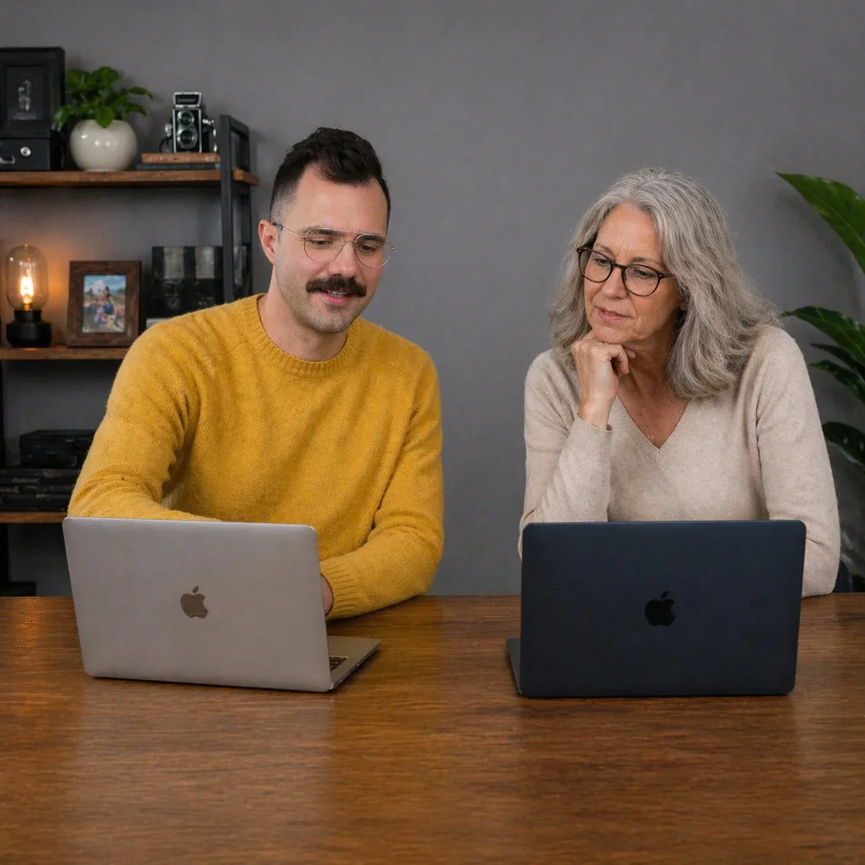 A young man and an older woman sit at a wooden table with laptops in front of them, engaging in a discussion inside a room with a gray wall, a bookshelf, and decorative items in the background.