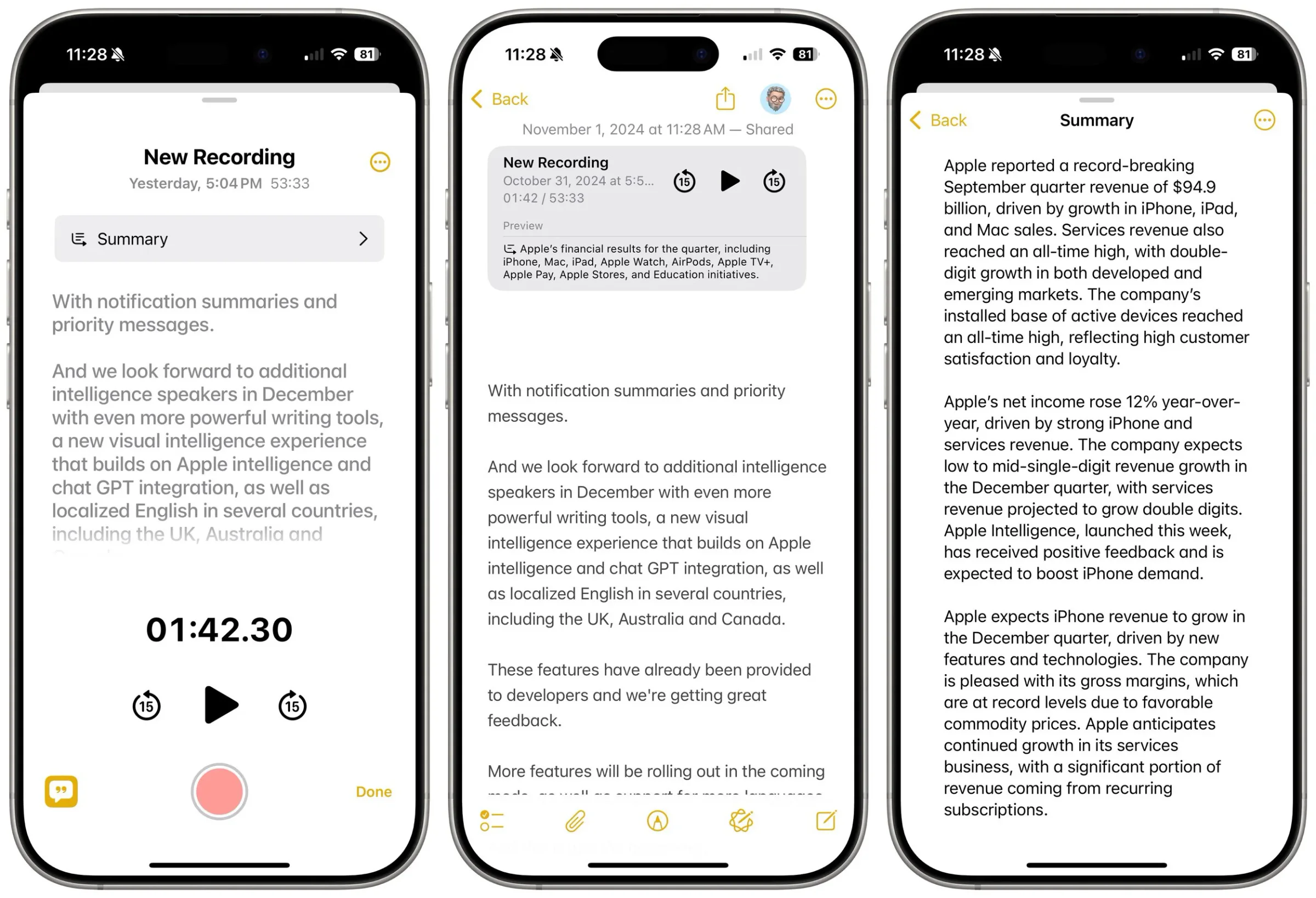 Three iPhone Notes screens showing an audio recording and generated transcript