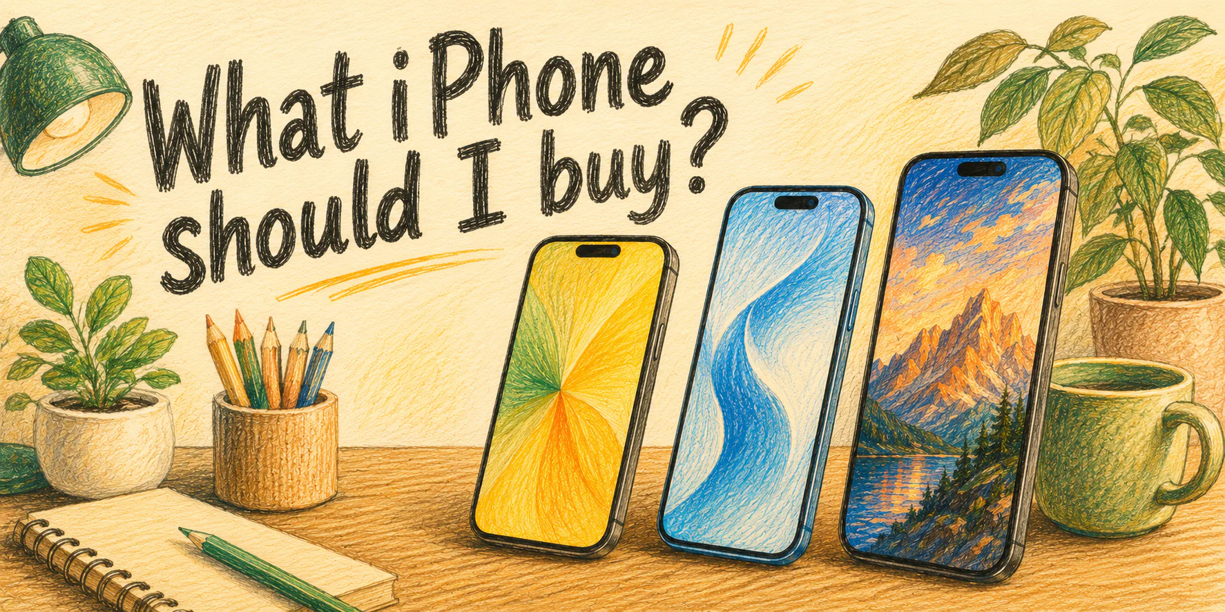 Colored pencil illustration of three iPhones lined up on a wooden desk with the title "What iPhone should I buy?"
