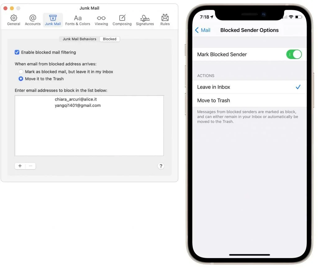 Mac and iPhone Mail settings for blocked senders