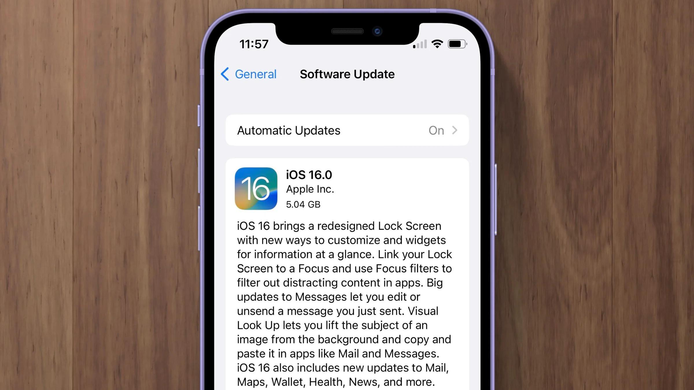 iPhone Software Update screen describing the iOS 16 release