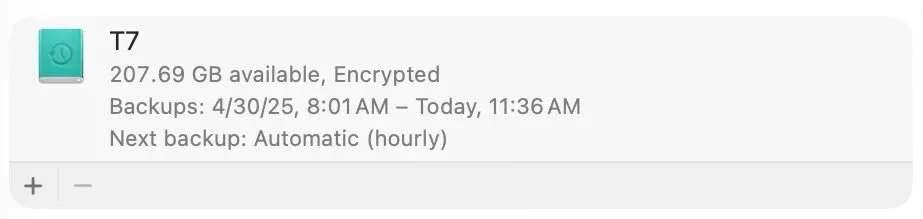 Mac screenshot showing 207.69 GB available, Encrypted Backups: 4/30/25, 8:01 AM - Today, 11:36 AM Next backup: Automatic