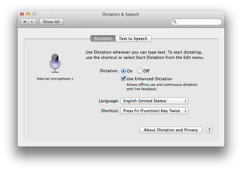 Mac Dictation and Speech settings with enhanced dictation controls