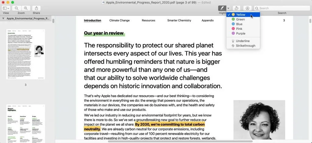 screenshot showing Apple_Environmental Progress_Report_2020 pdf (page 3 of 99) - Edited Q Search View