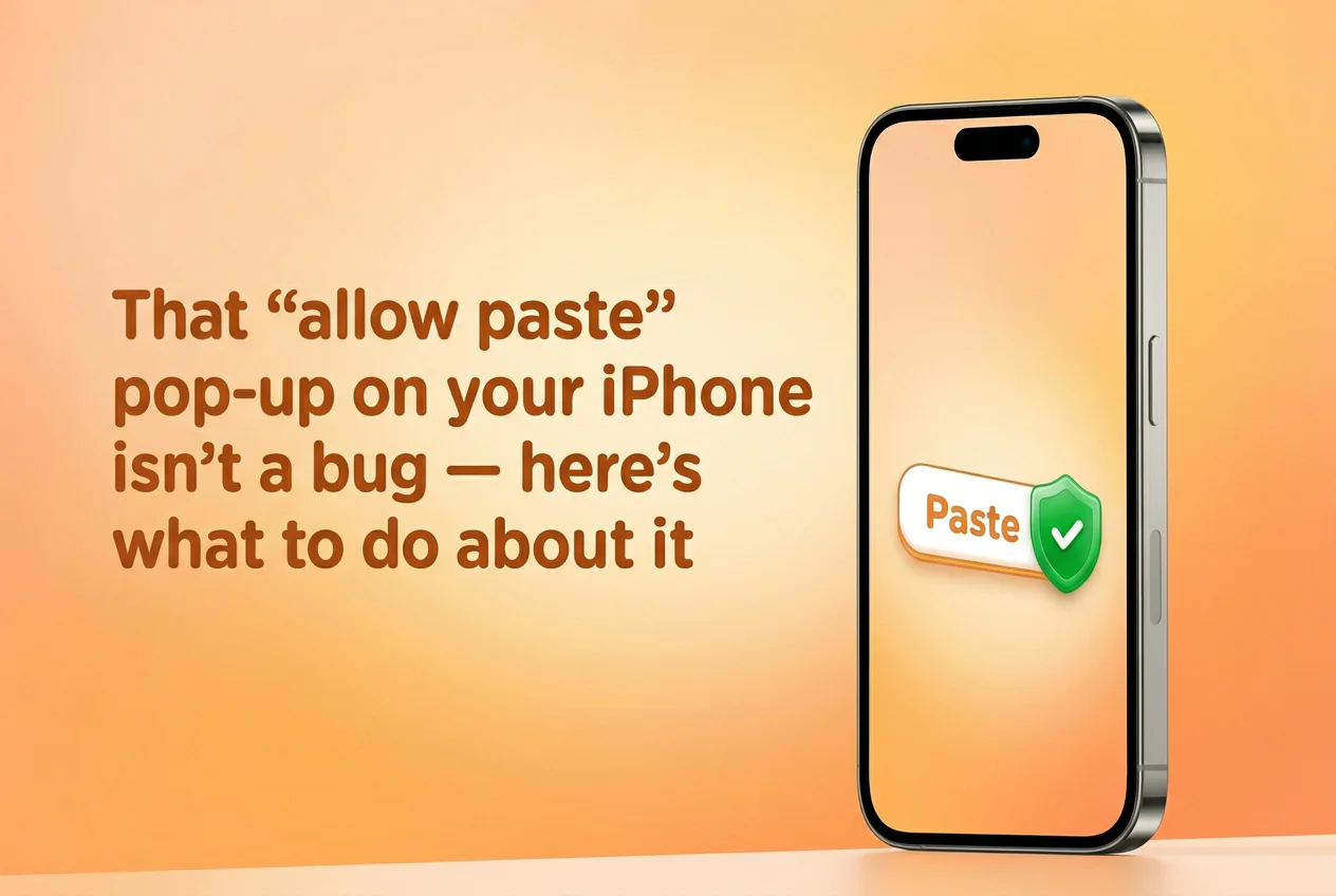 Illustration of an iPhone and a Paste button with a privacy shield