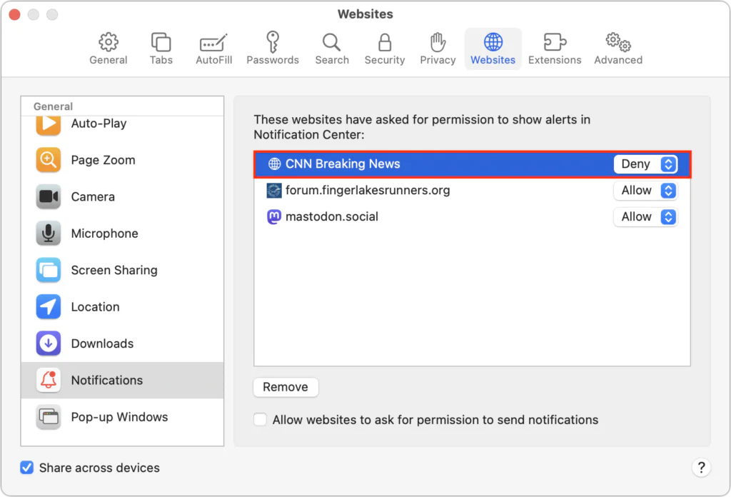 Safari Websites settings with notification permission set to Deny