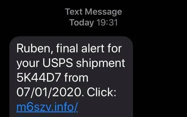 screenshot showing Text Message Today 19:31 Ruben, final alert for