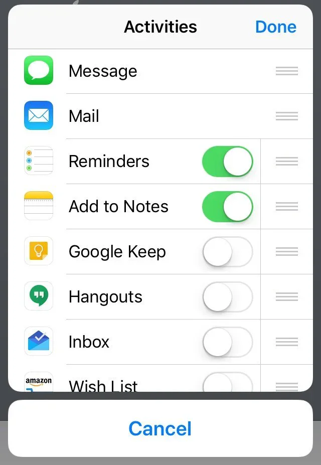 iPhone Activities editor for reordering and enabling share-sheet actions