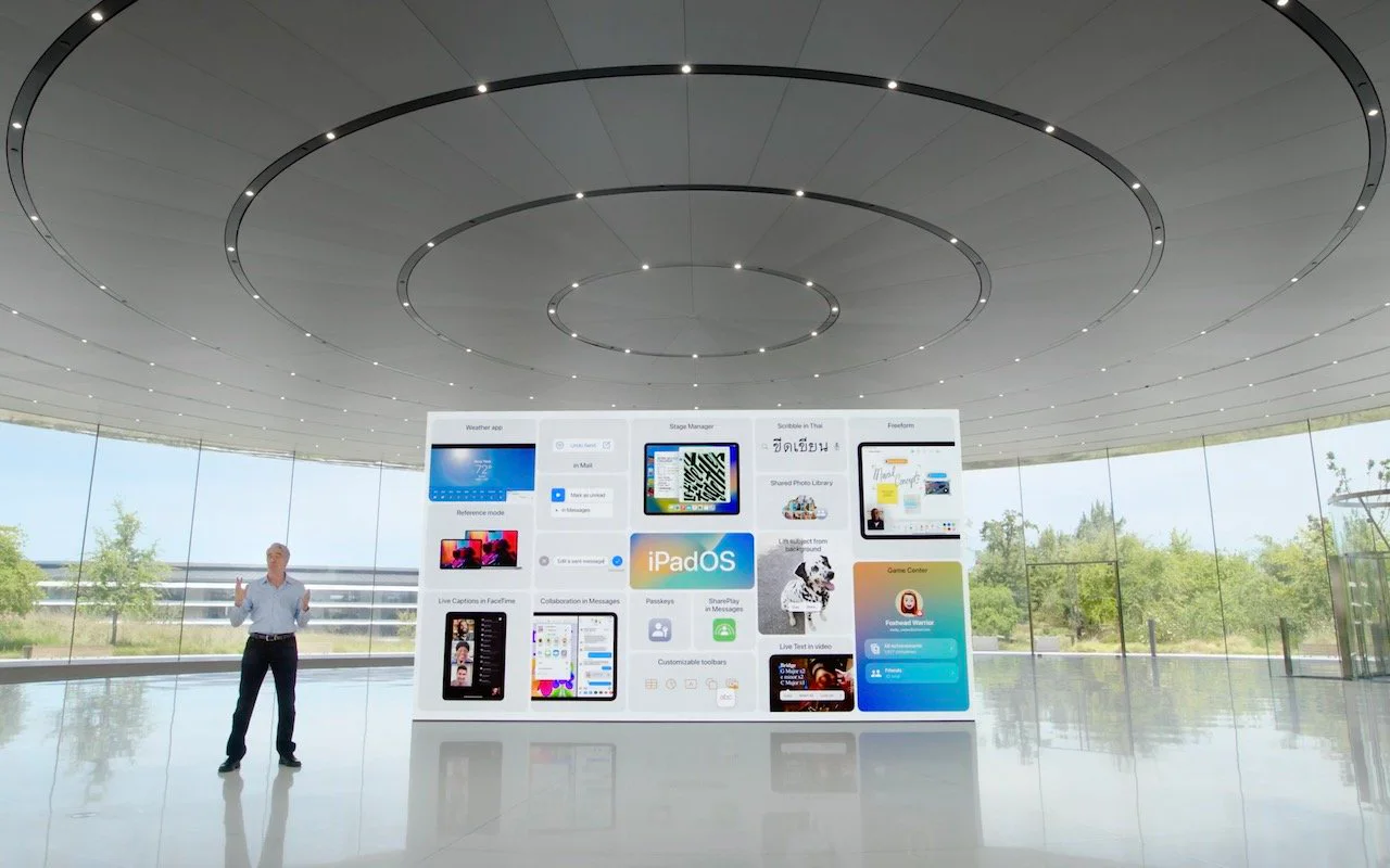 Apple Park interior with floating panels representing upcoming Apple software features