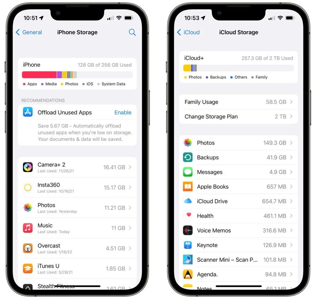 Apple device screenshot showing < General iPhone Storage iPhone