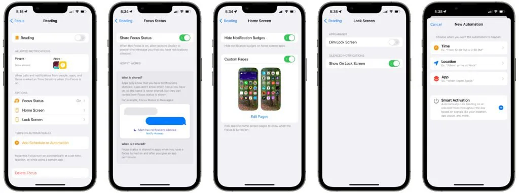 Five iPhones showing Focus options for schedules, Home Screens, and automatic activation