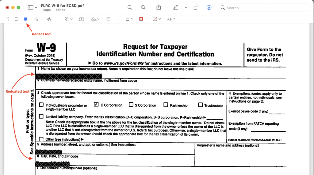 Mac screenshot showing FLRC W-9 for ECSD.pdf 1 page - Edited Q Search