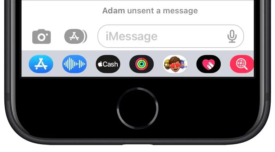 Messages app drawer icons beneath an iPhone conversation
