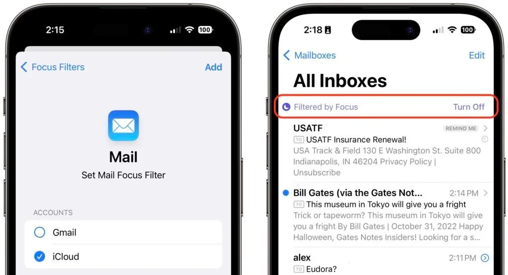 Apple device screenshot showing < Focus Filters Add Mail