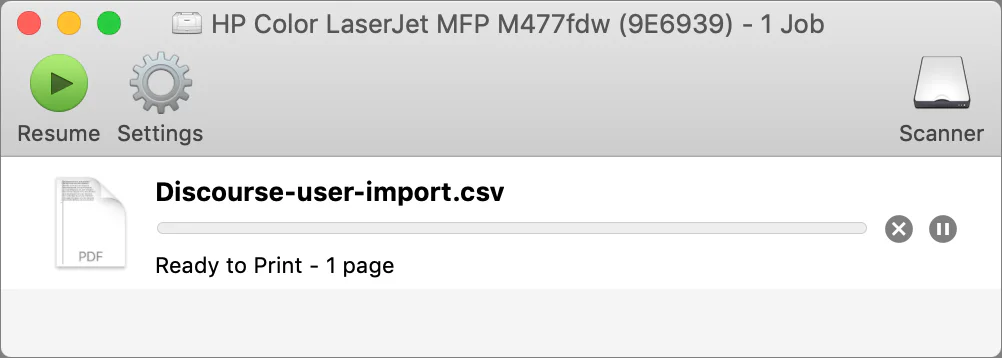 Mac print queue with Resume and Settings controls