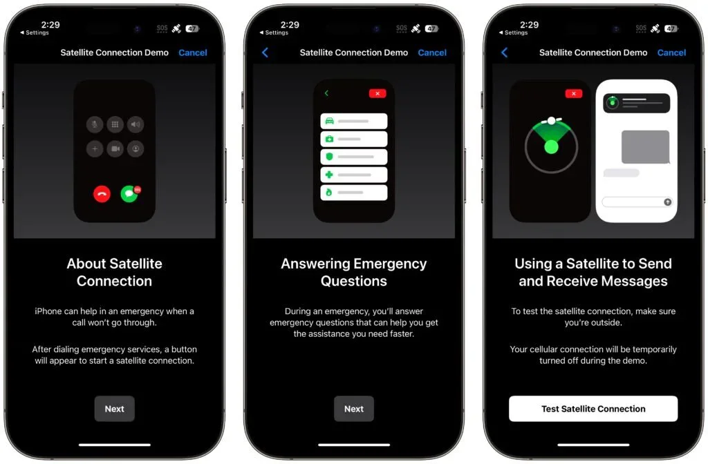 iPhone screens introducing the Emergency SOS via satellite demo