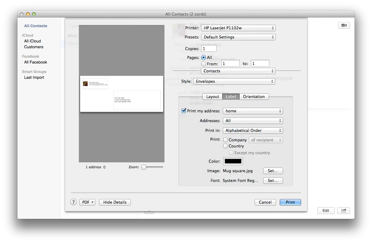 Mac Contacts print dialog configured to print an envelope