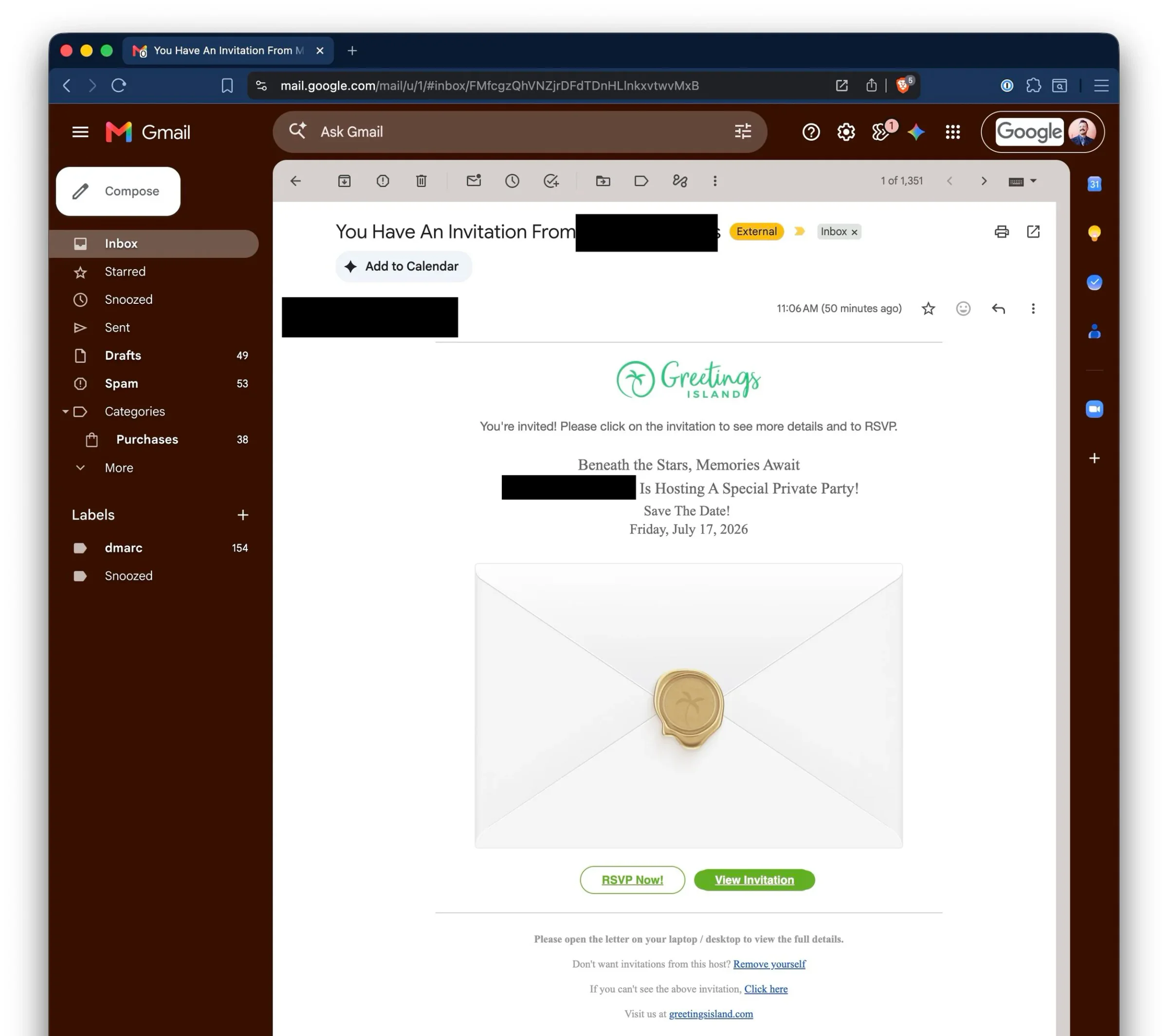 Screenshot: A fake invitation email as it appears in Gmail