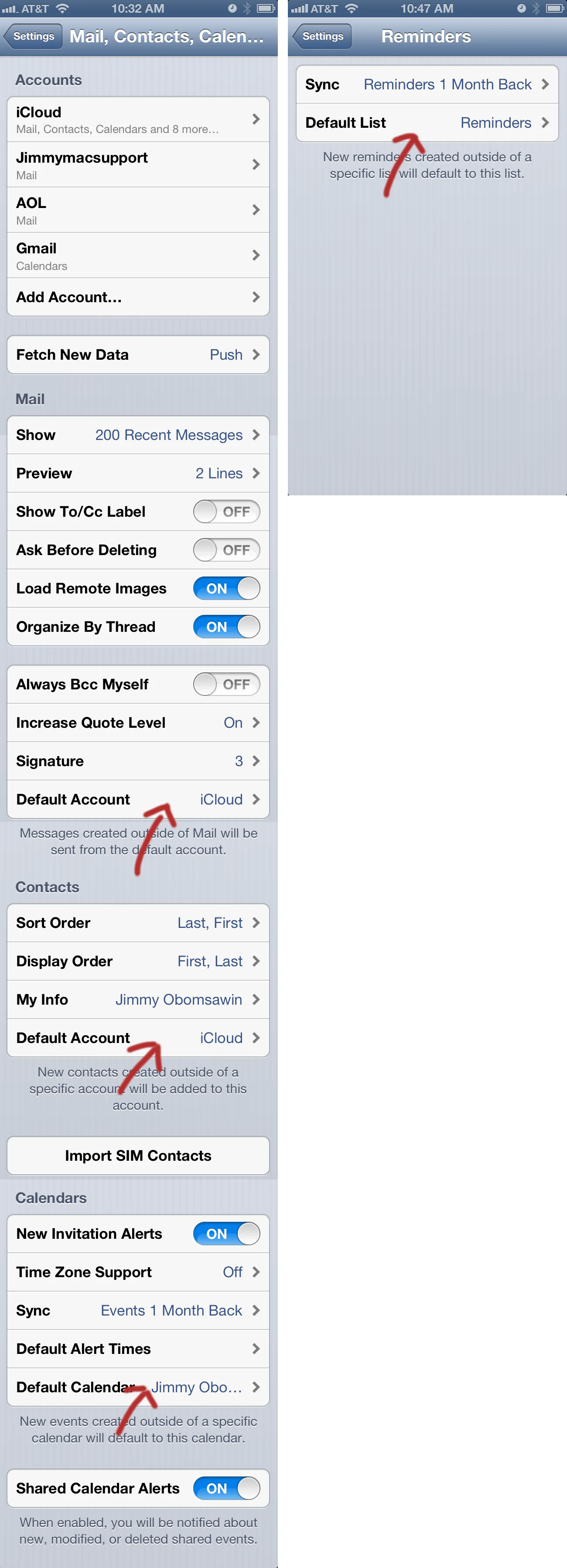 Default Mail Contacts Calendars Reminders