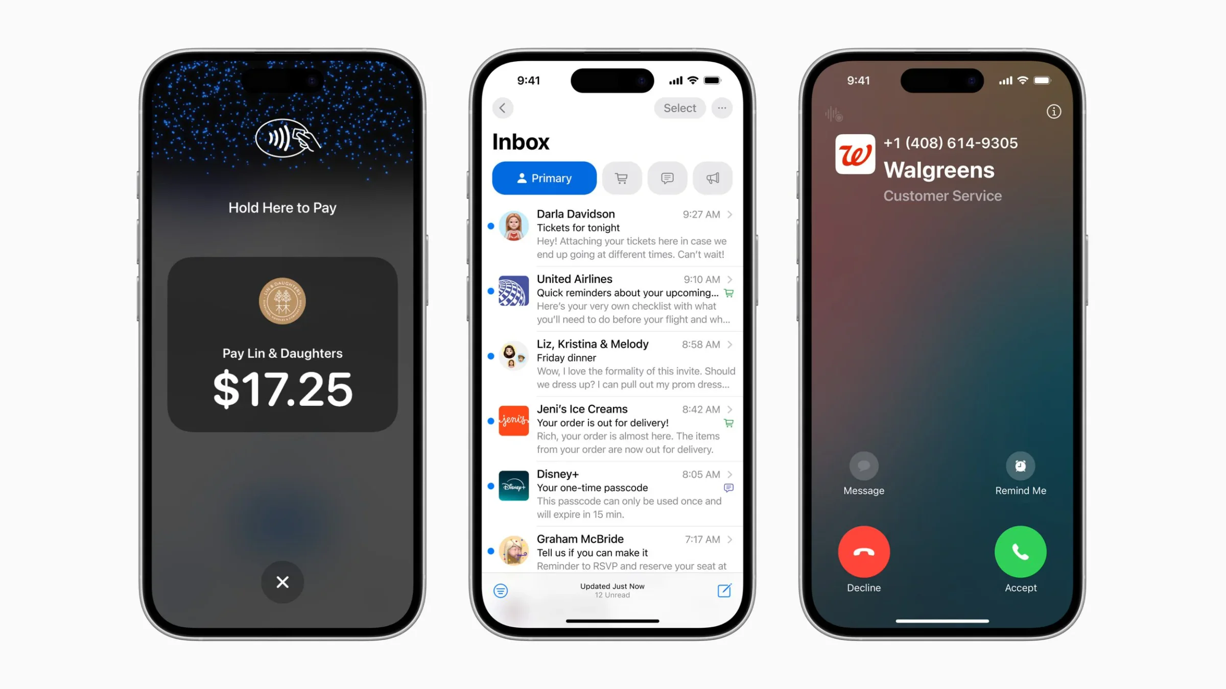 Apple Business Connect shown on an iPhone, inbox, and incoming call screen
