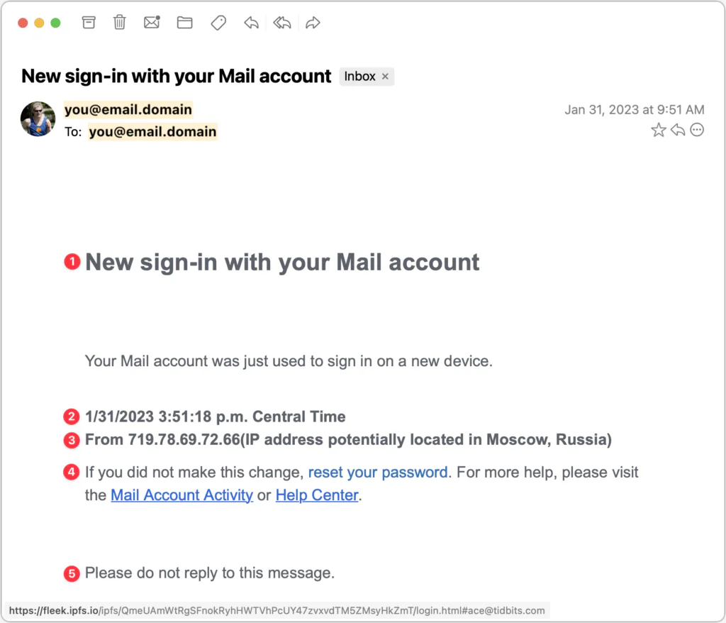screenshot showing New sign-in with your Mail account Inbox × you@email.domain To: you@email.domain