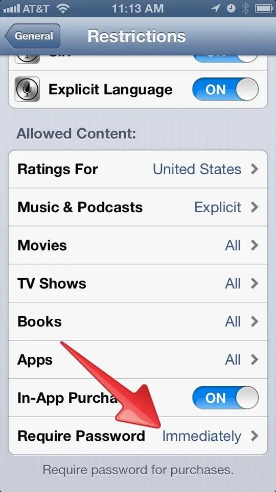 screenshot showing Restrictions Explicit Language Allowed Content: