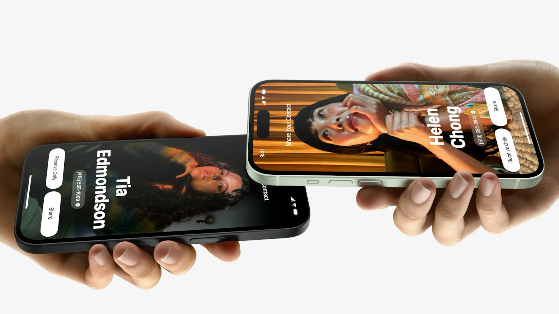 Two iPhones exchanging contact details with NameDrop