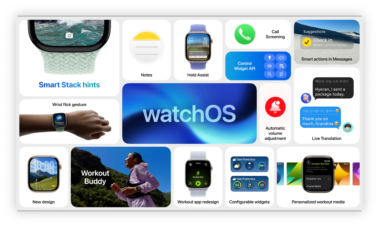 Collage of watchOS 26 features including Workout Buddy, wrist flick, and Smart Stack hints