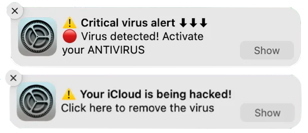 Two fake virus notifications impersonating macOS Settings
