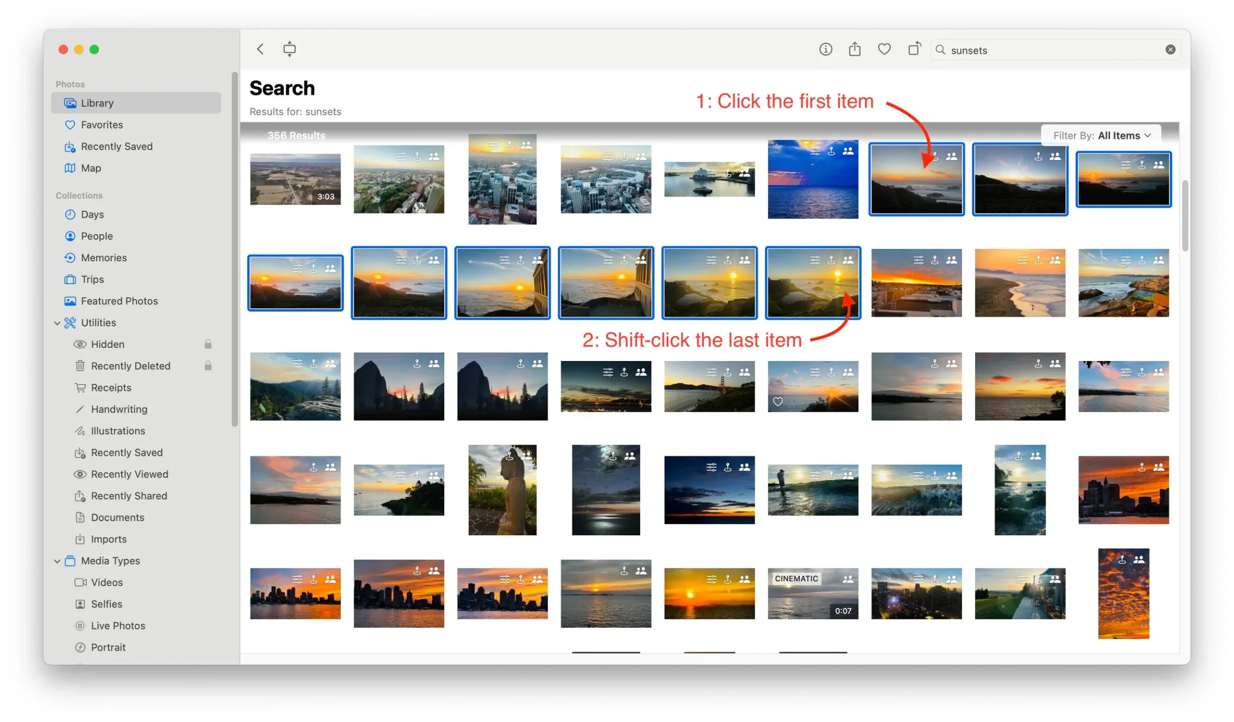 Finder search results with arrows showing a continuous range selected using the Shift key