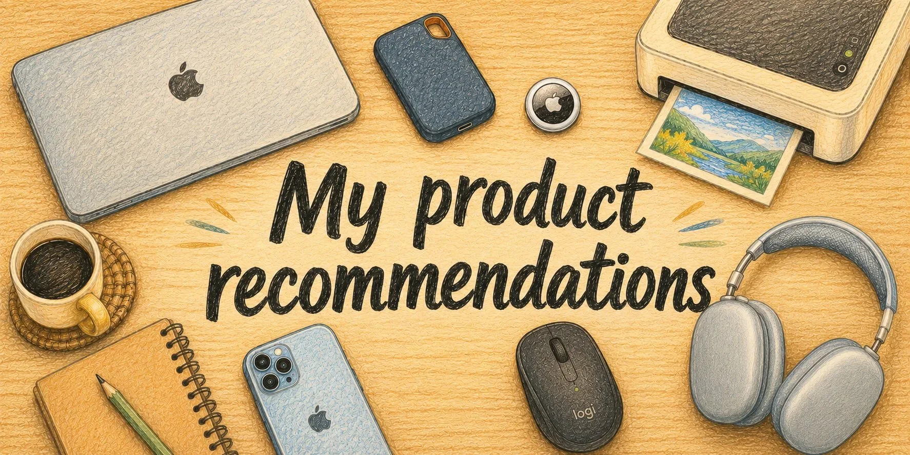 Colored-pencil illustration of recommended Apple devices and accessories surrounding the title My product recommendations