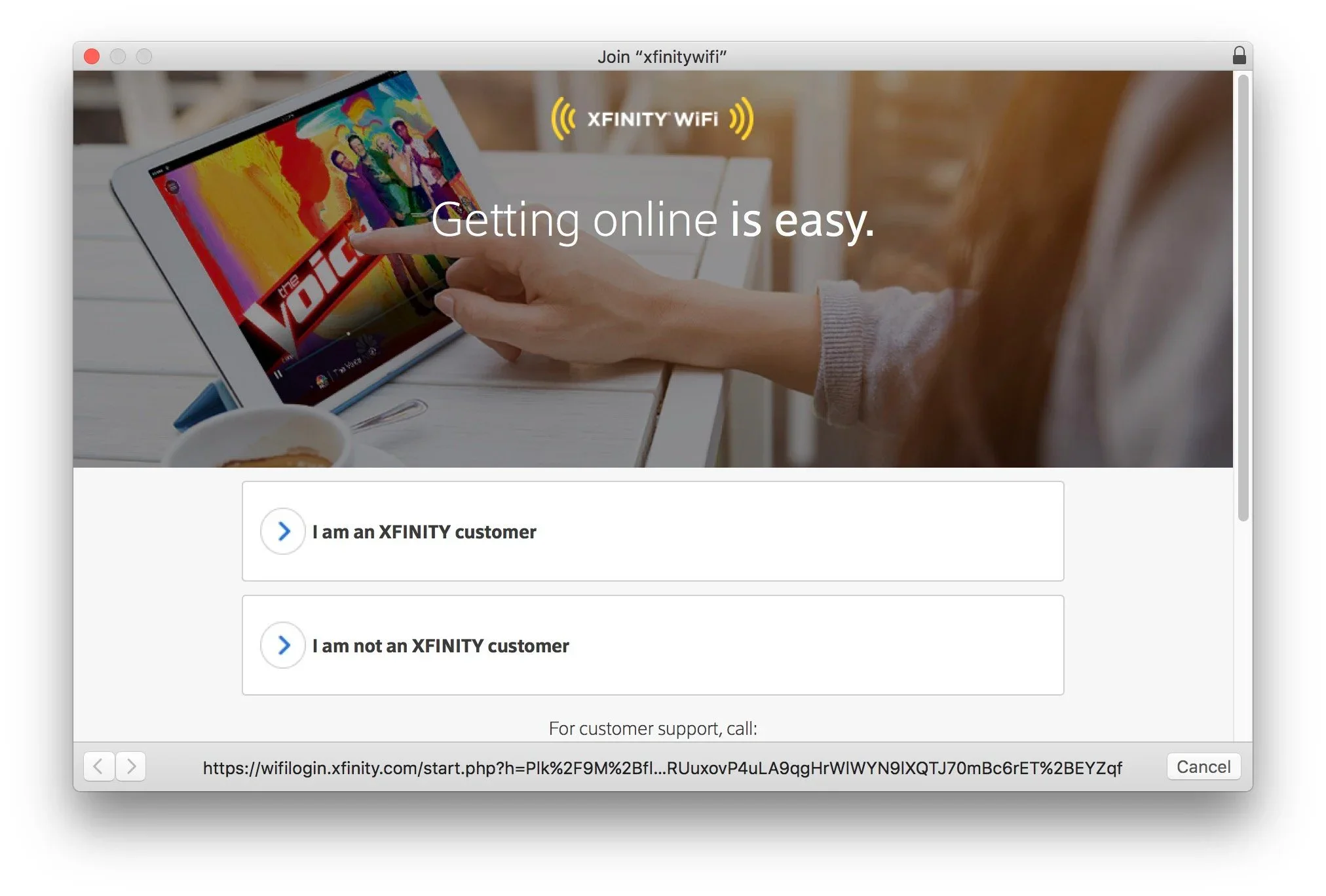 Xfinity WiFi sign-in window asking whether the user is an Xfinity customer