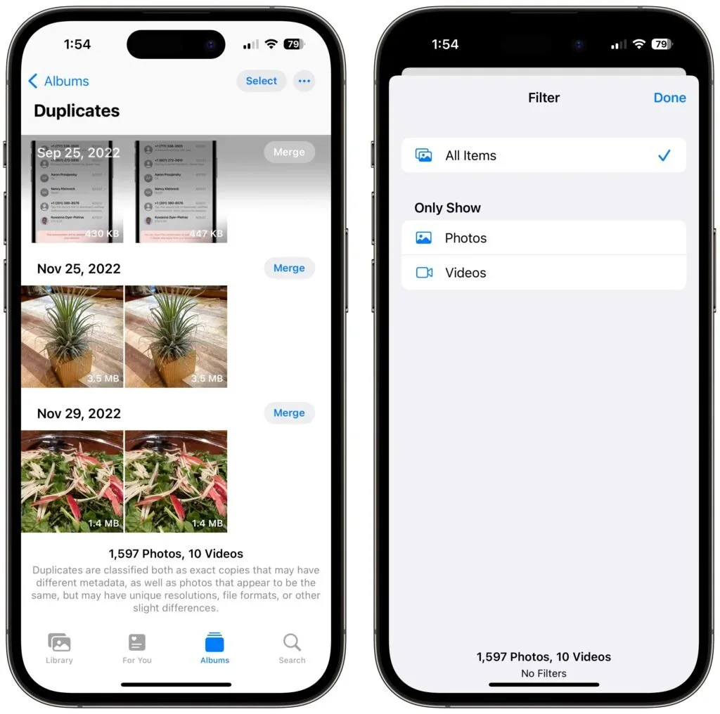 Two iPhone screens showing duplicate photos and the filter menu