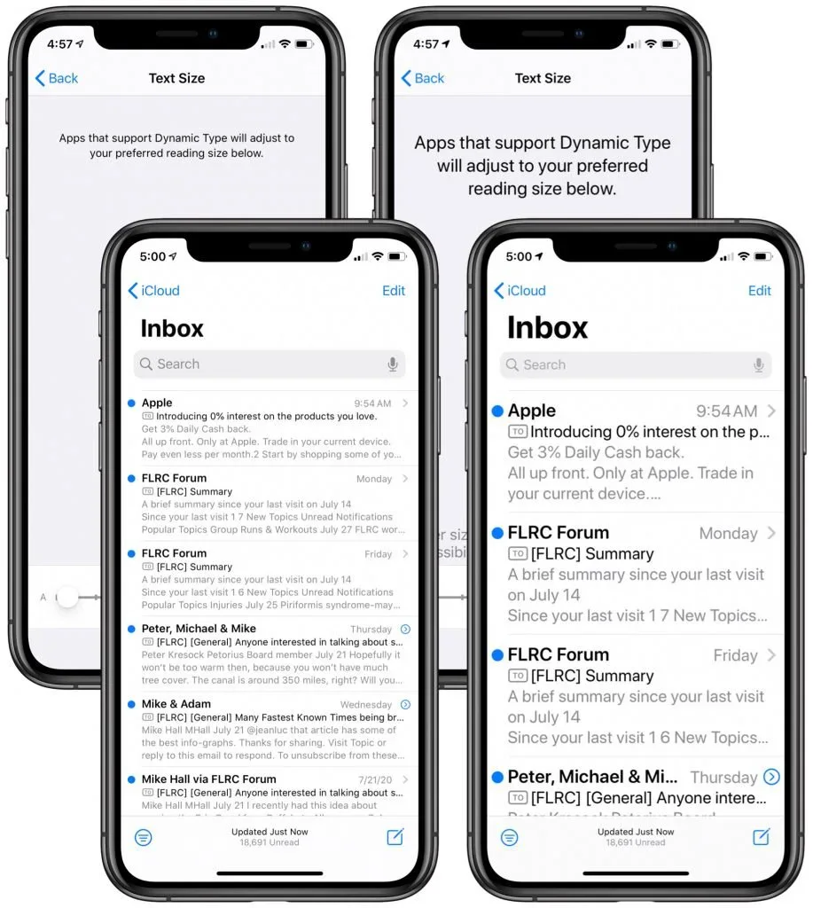 iPhone Mail screens comparing smaller and larger text