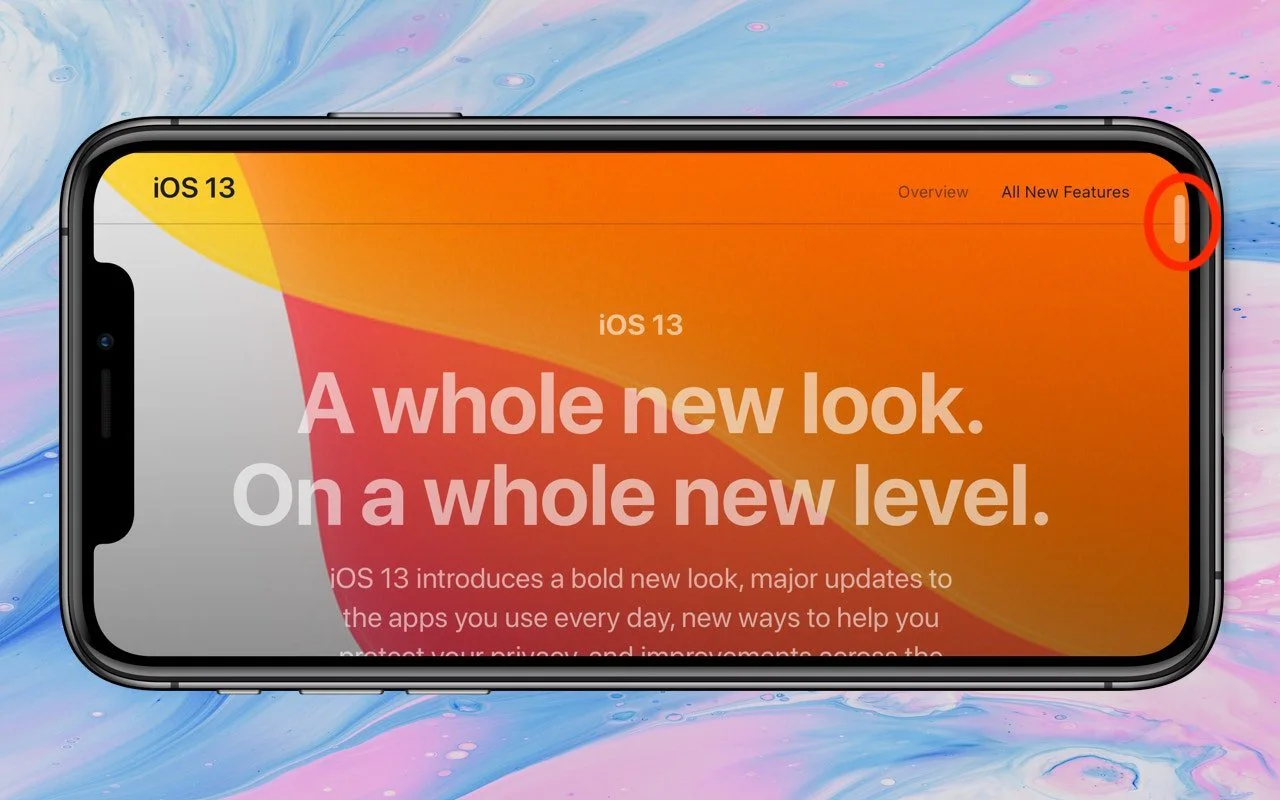 iPhone displaying an iOS 13 webpage with the draggable scroll bar highlighted
