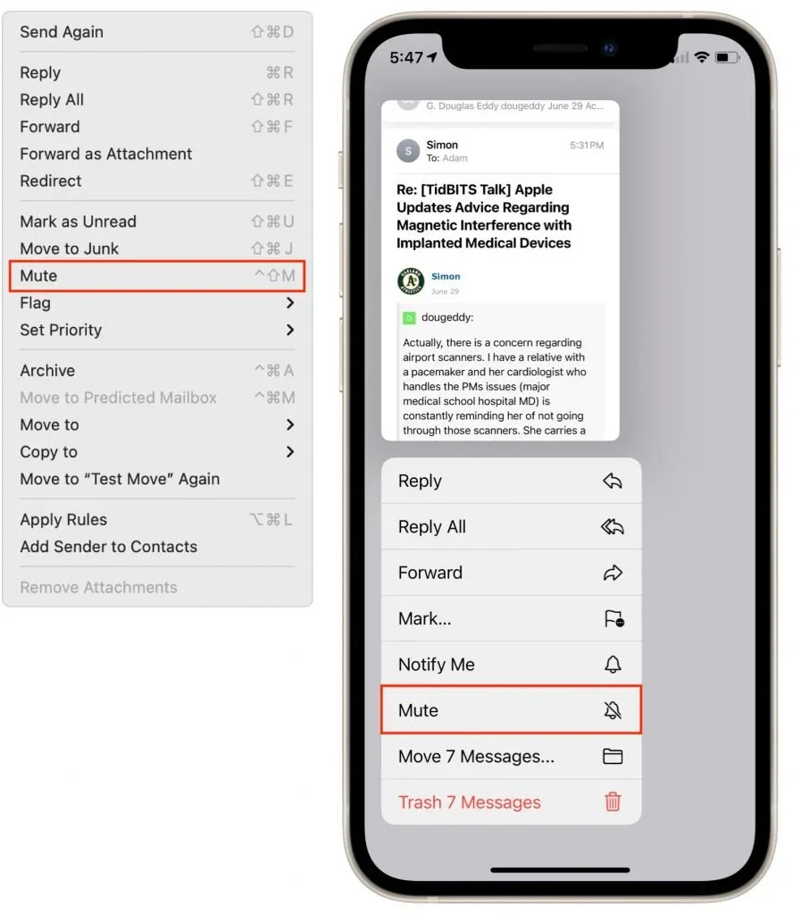 Mac and iPhone Mail menus with Mute selected for a conversation