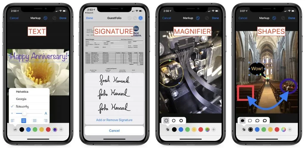 Four iPhones demonstrating Markup text, signatures, magnification, and shapes