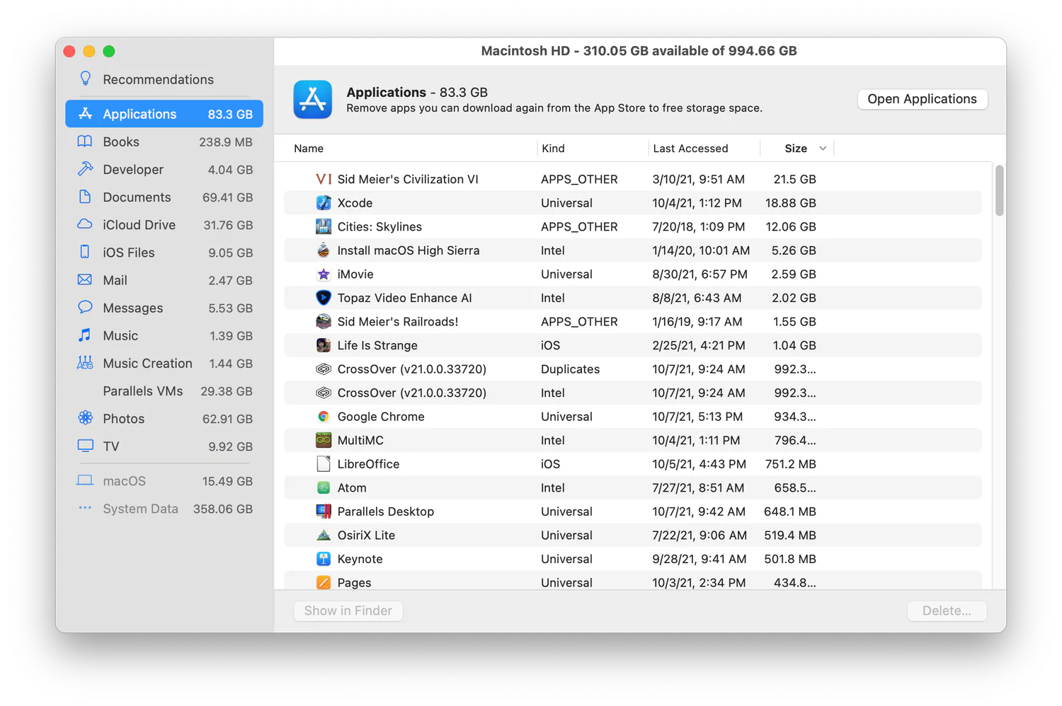 Mac System Information window listing applications and their storage use