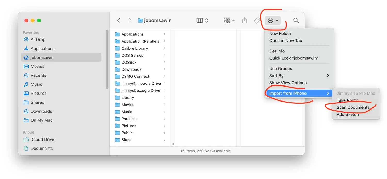 Finder menu showing Import from iPhone commands for taking a photo or scanning documents