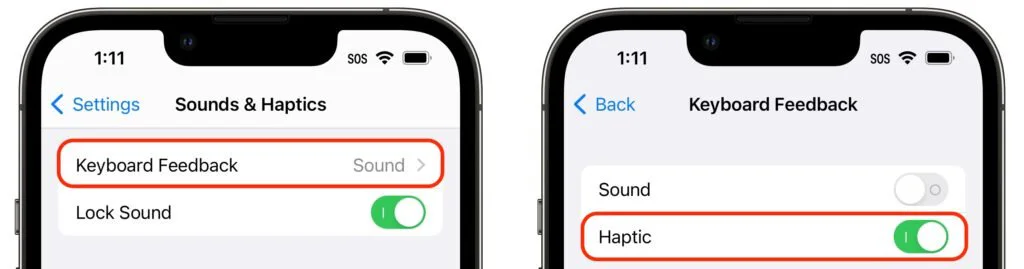 Two iPhones showing Keyboard Feedback settings with Haptic enabled