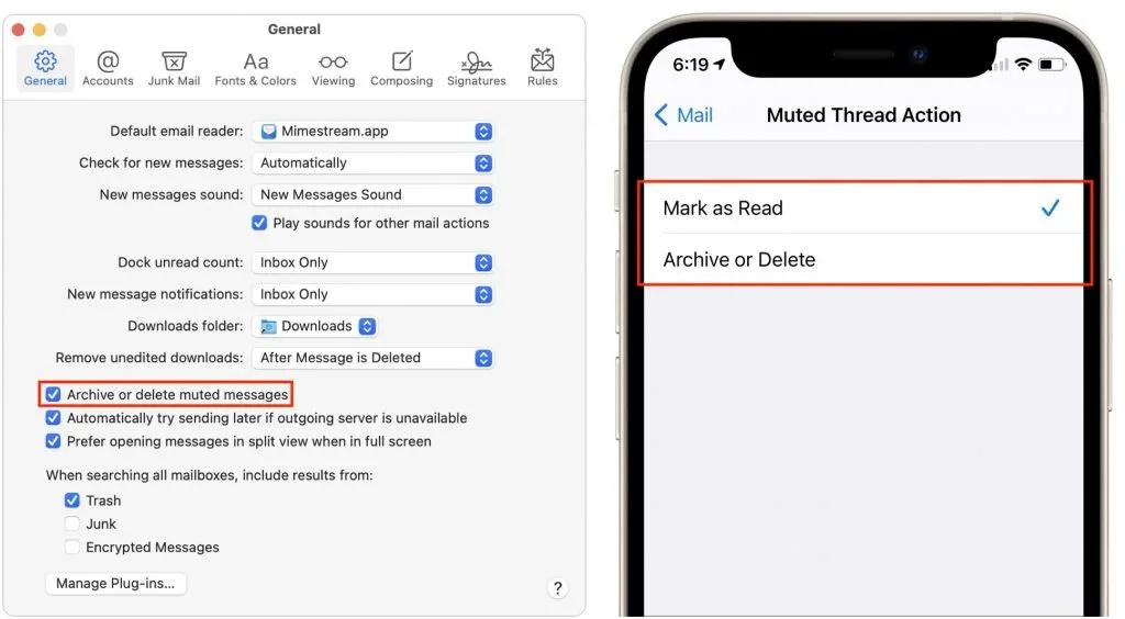 Mac and iPhone Mail settings for marking muted conversations as read