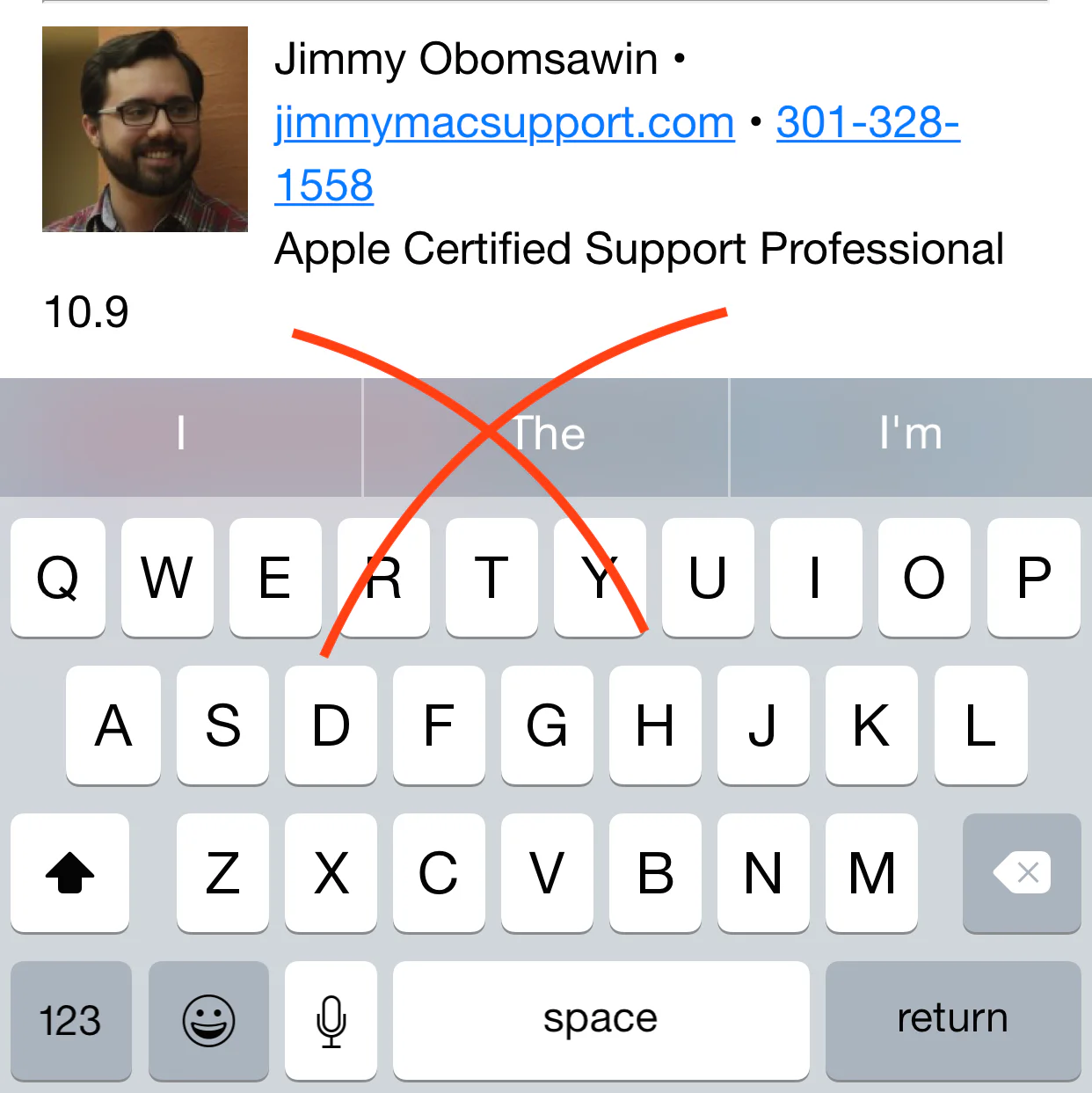 iPhone keyboard with the predictive-text suggestion bar crossed out